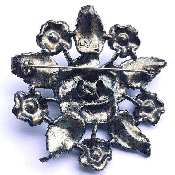 Vintage Mid Century Signed Little Nemo Floral Brooch Blue Rhinestone Flower Leaf - Picture 10 of 10